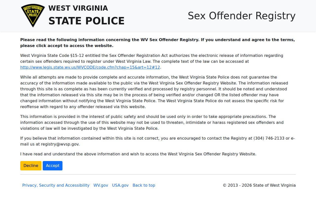 Ohio County sex offender search on the West Virginia State Police registry