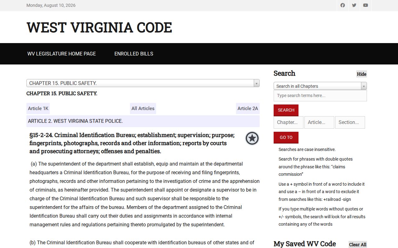 West Virginia State Police criminal identification law for West Liberty criminal records