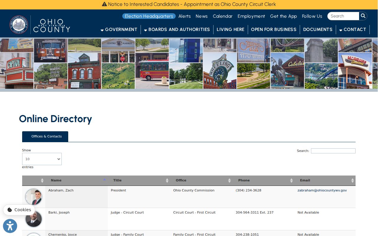 Ohio County officials directory for tracing Wheeling criminal records